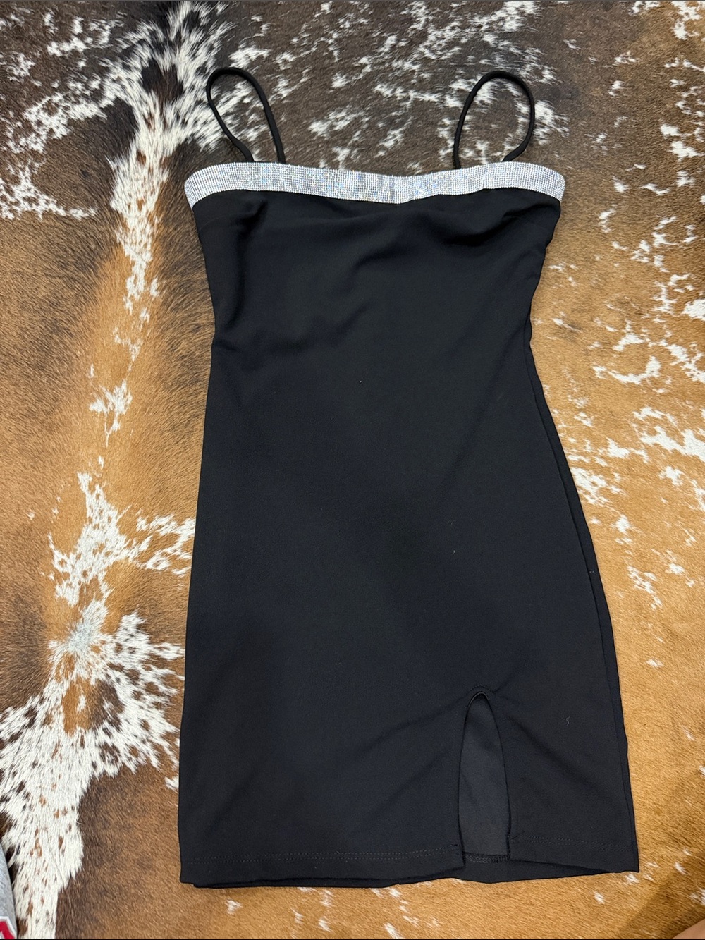 Black Spaghetti Strap Mini Dress with Silver Trim